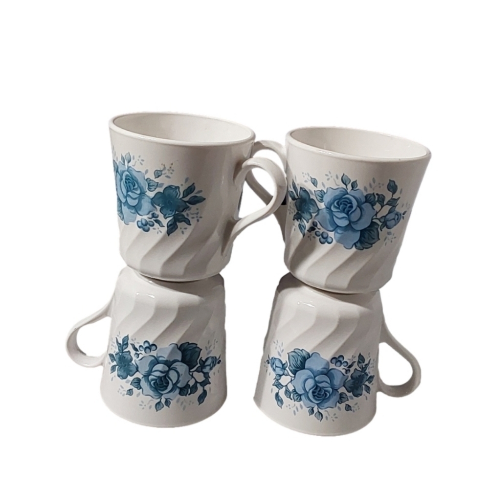 CORNING WARE BLUE VELVET ROSE SET OF 4 VINTAGE MUG MADE IN USA